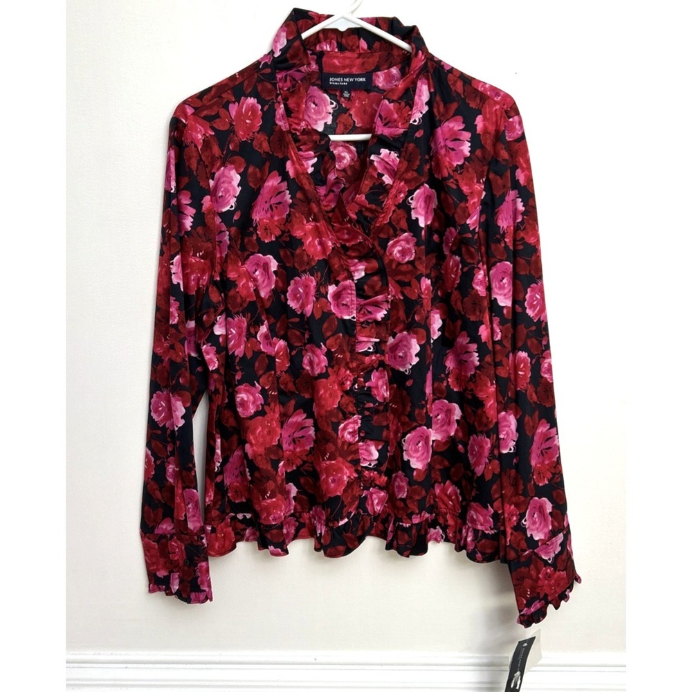 Jones New York Red Pink Floral Blouse Top Sz XL Ruffled Collar Front Cuff Cotton